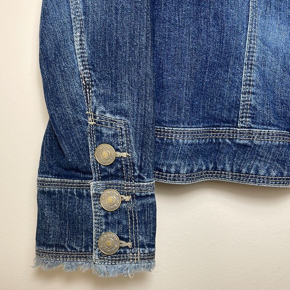 😎Y2K KIKIT JEANS Blue Jeans Jacket Pockets Fitted Raw Edge Frayed Moto Size XL - Picture 6 of 13